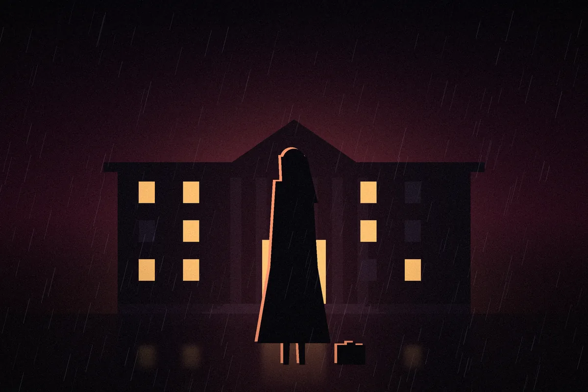 A woman stands outside a lit mansion in the rain, suitcase beside her.