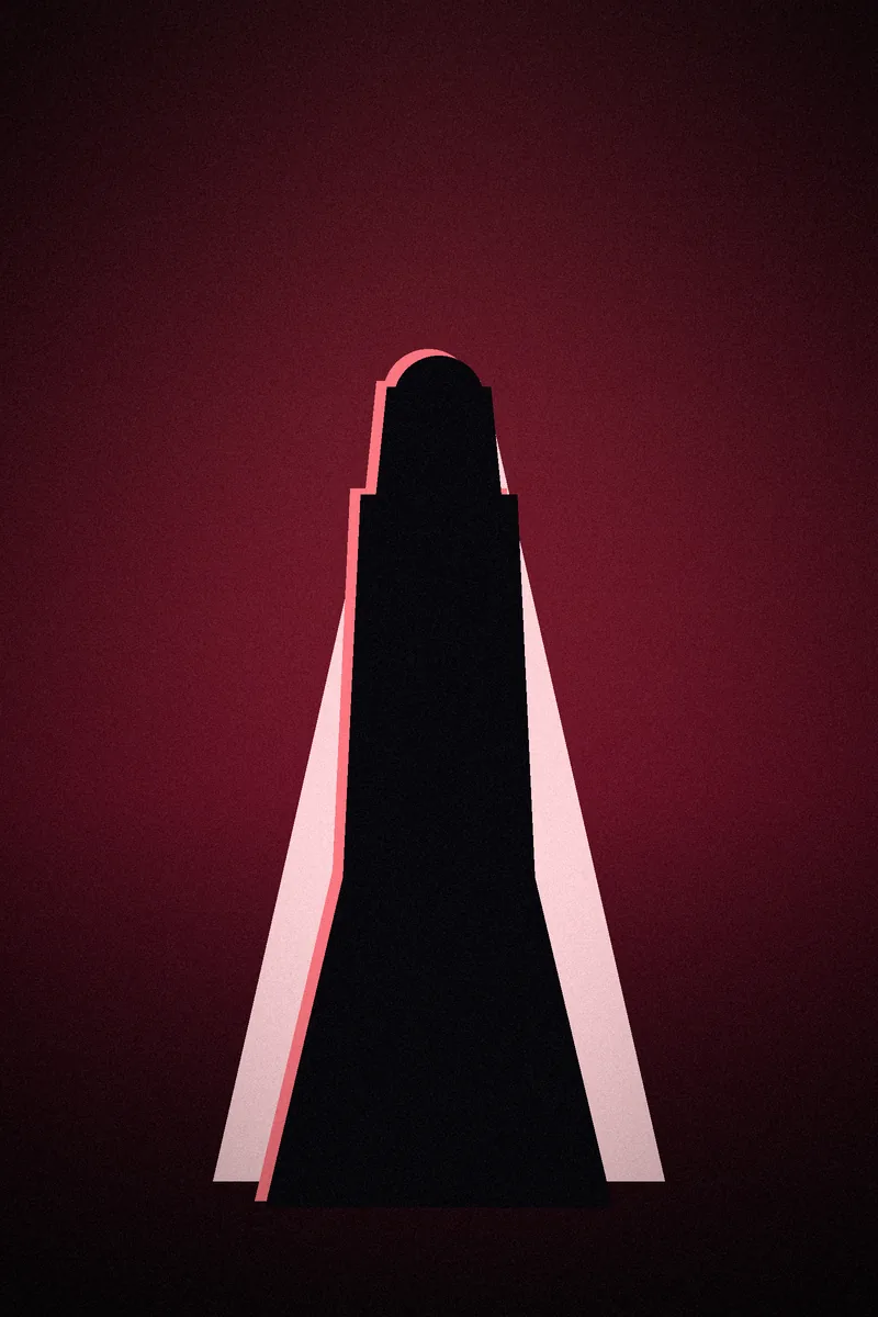 A bride in a veil, lit in crimson.