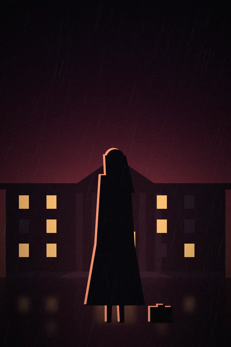 A woman with a suitcase stands in the rain outside a lit mansion at night.