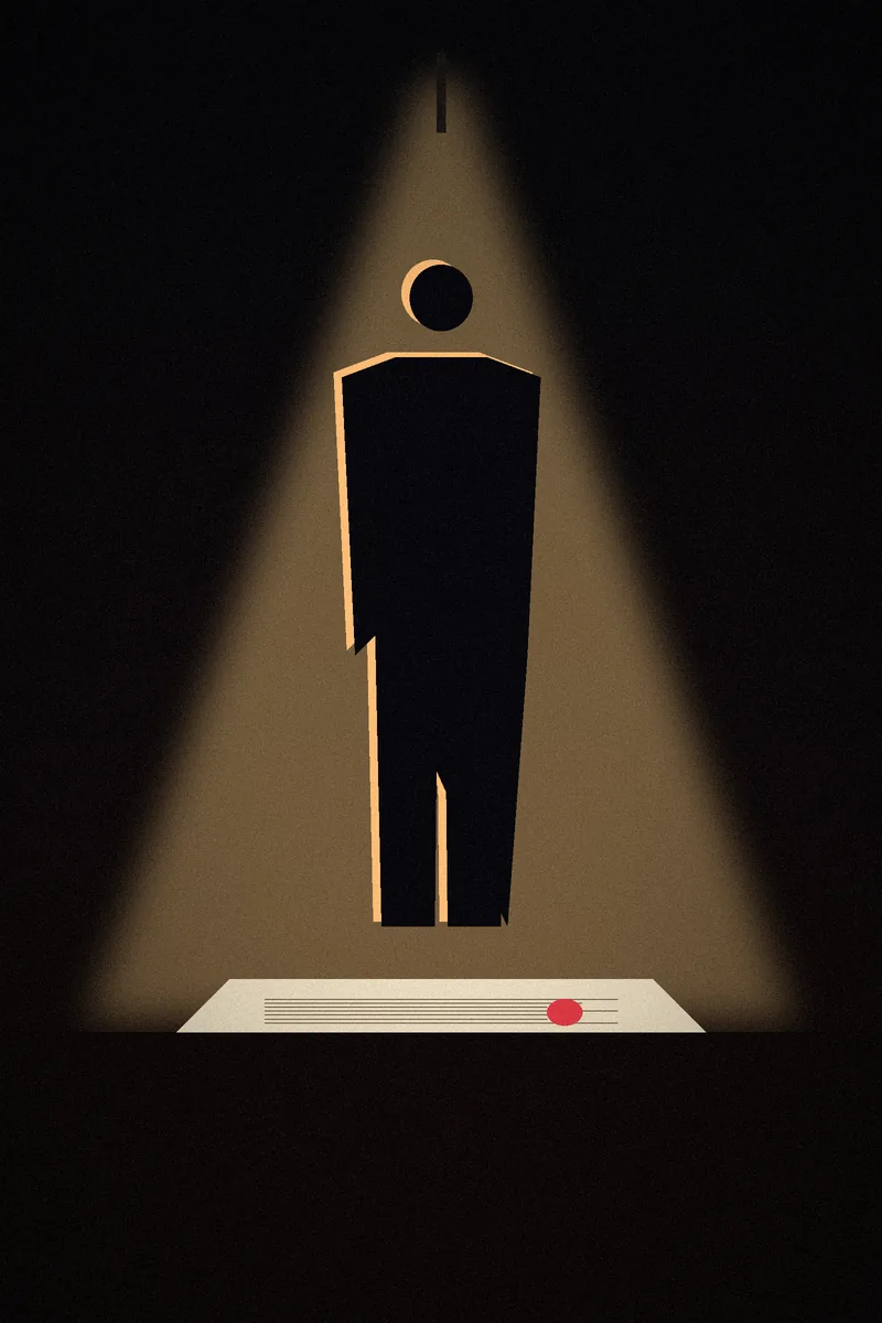 A figure under a single lamp above a sealed will.