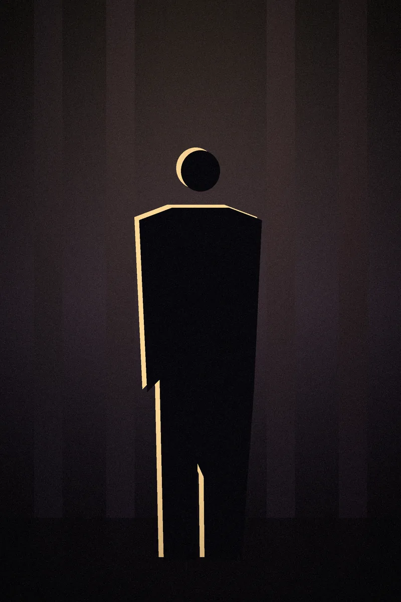 A man in a suit stands alone in a grand hall, lit from above.
