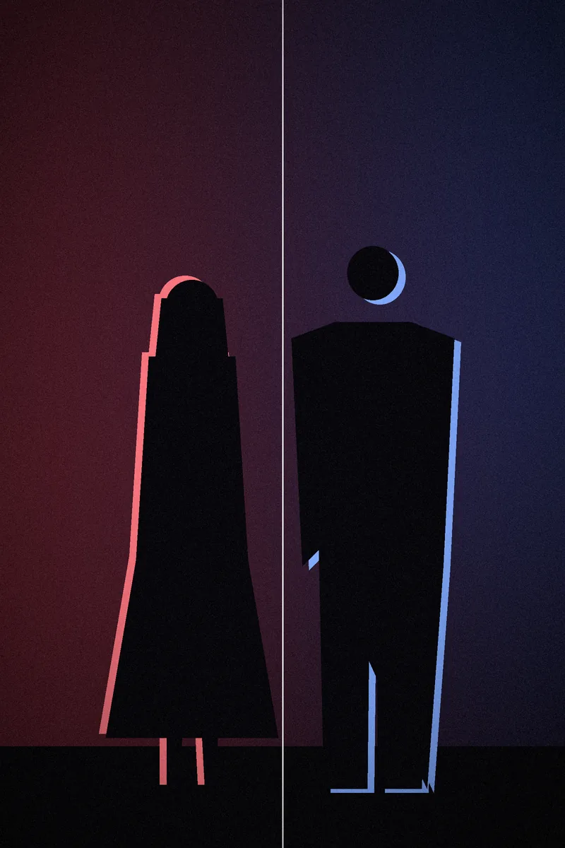 A woman and a man stand back to back, one lit red, the other blue.